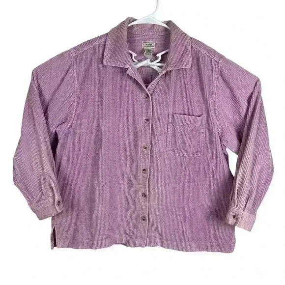 LL Bean Womens Comfort Corduroy Relaxed Shirt Button Down Pockets‎ Pink L Petite - Picture 1 of 9